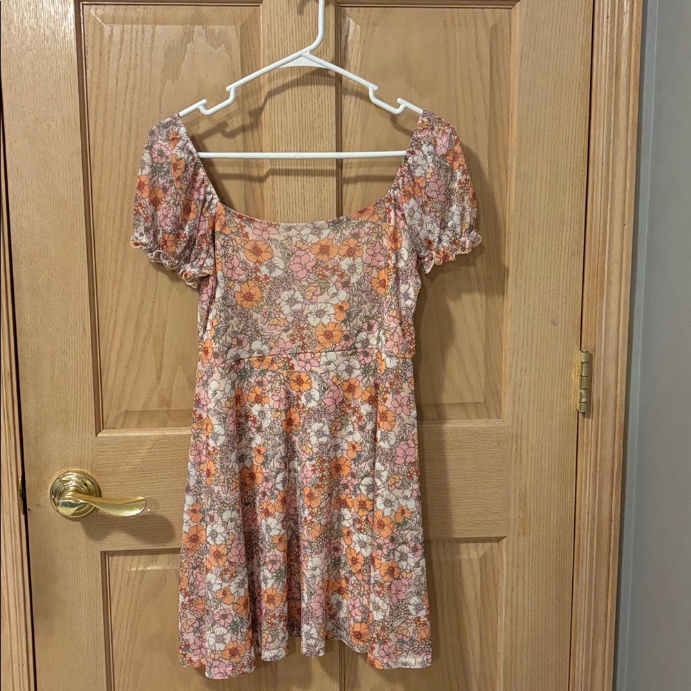 Altar'd State Pink & Orange Floral Flutter Sleeve Dress